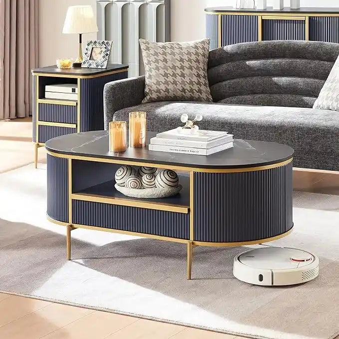 Table basse moderne et luxueuse à cannelures, table d'appoint avec plateau en imitation marbre