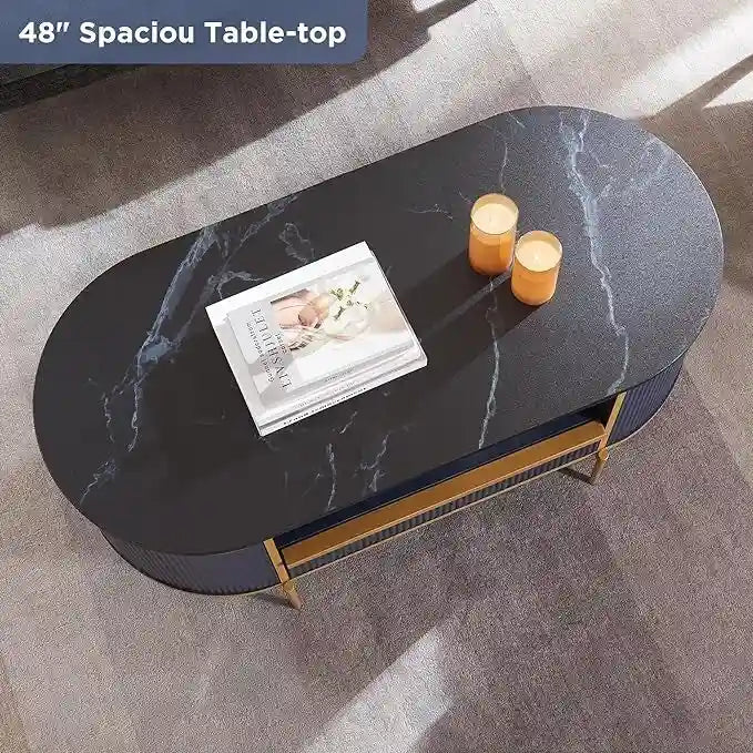 Table basse moderne et luxueuse à cannelures, table d'appoint avec plateau en imitation marbre
