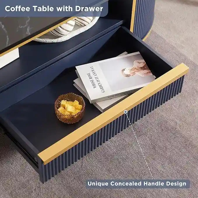 Table basse moderne et luxueuse à cannelures, table d'appoint avec plateau en imitation marbre