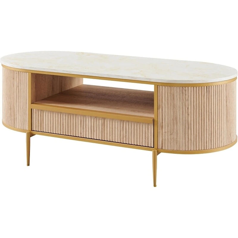 Table basse moderne et luxueuse à cannelures, table d'appoint avec plateau en imitation marbre