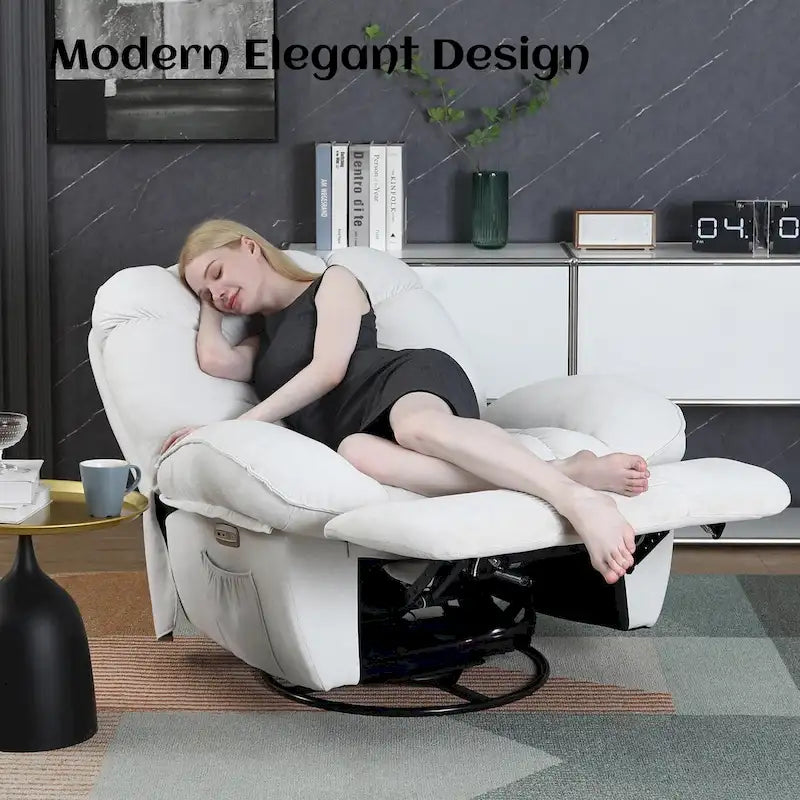 Fauteuil inclinable pivotant électrique XINMICS, fauteuil massant à bascule avec fonction chauffante, ports USB et USB-C et poche latérale