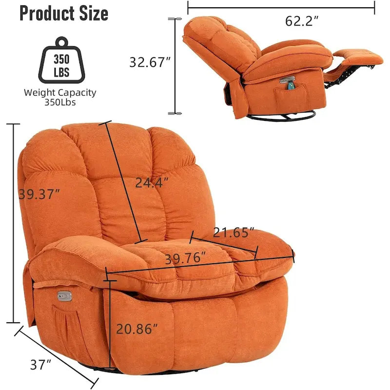 Fauteuil inclinable pivotant électrique XINMICS, fauteuil massant à bascule avec fonction chauffante, ports USB et USB-C et poche latérale