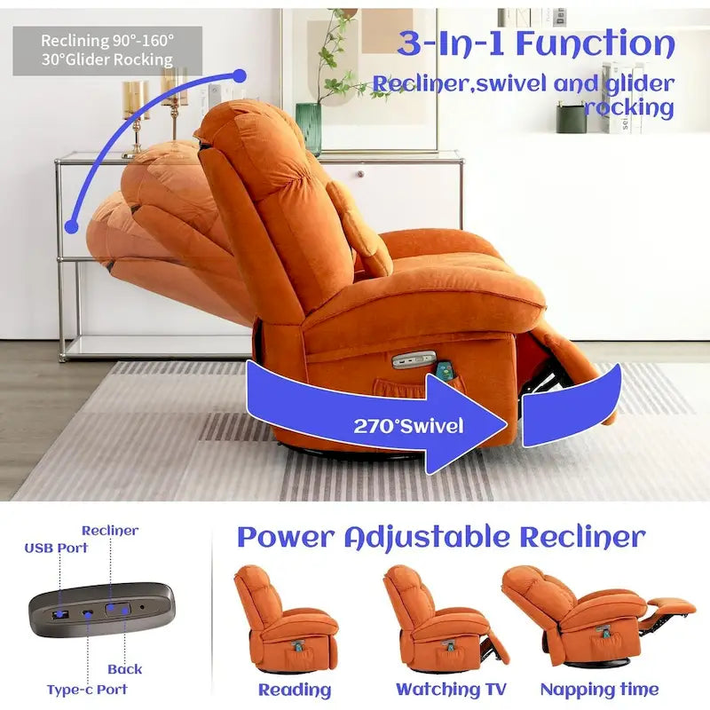 Fauteuil inclinable pivotant électrique XINMICS, fauteuil massant à bascule avec fonction chauffante, ports USB et USB-C et poche latérale