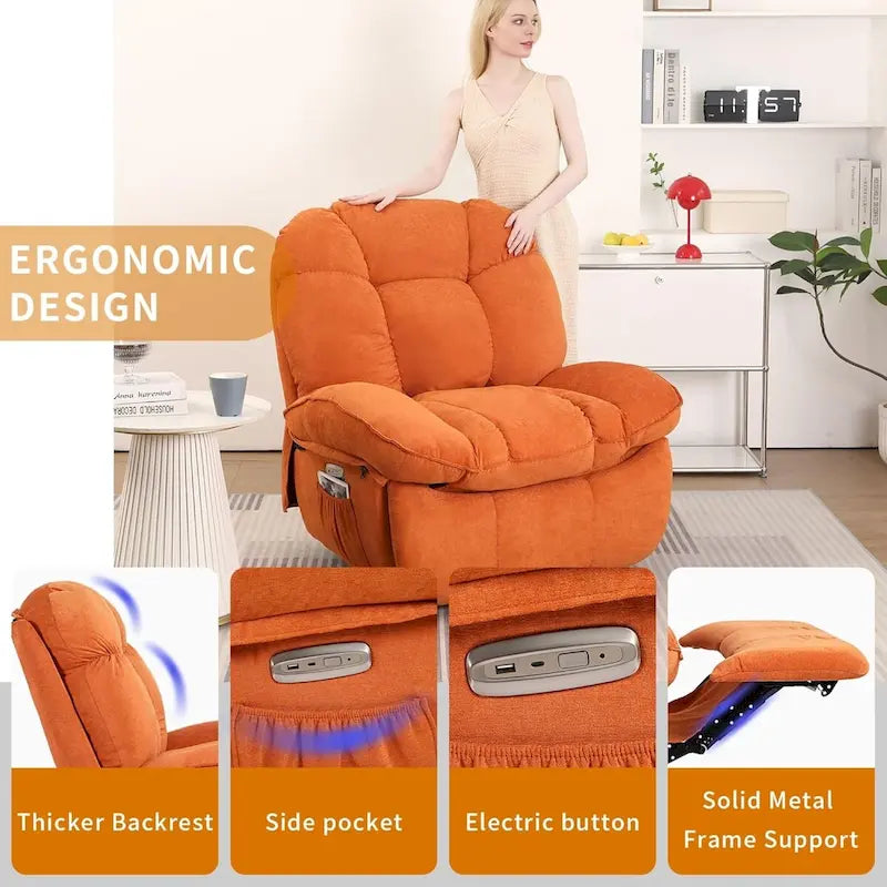 Fauteuil inclinable pivotant électrique XINMICS, fauteuil massant à bascule avec fonction chauffante, ports USB et USB-C et poche latérale