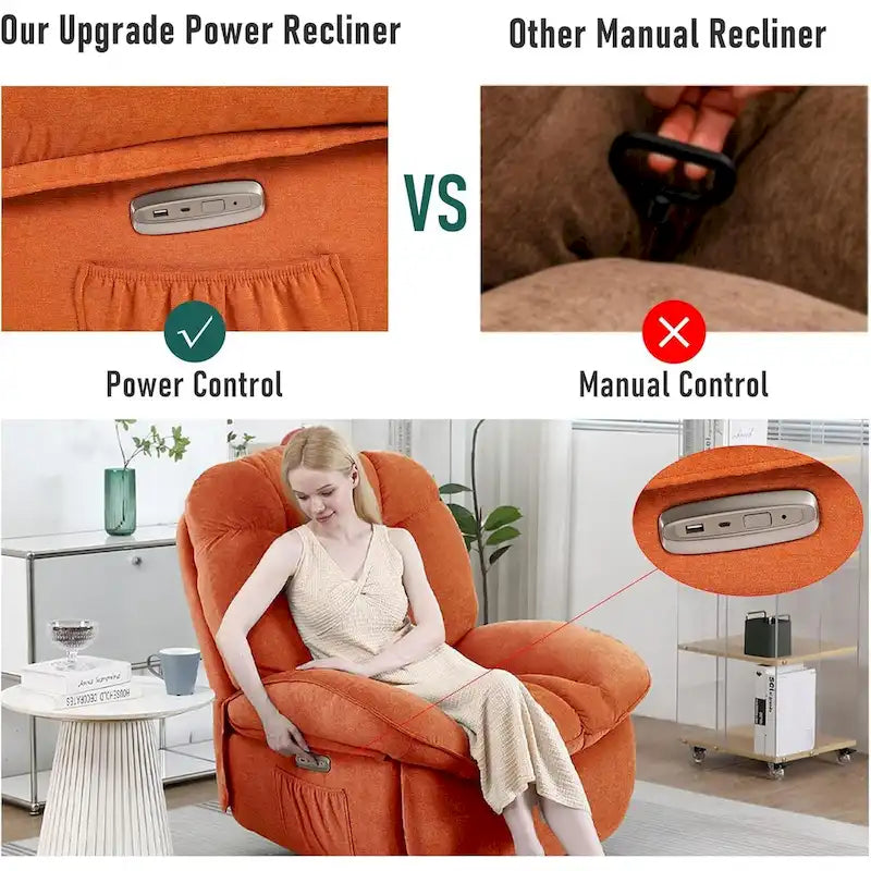 Fauteuil inclinable pivotant électrique XINMICS, fauteuil massant à bascule avec fonction chauffante, ports USB et USB-C et poche latérale