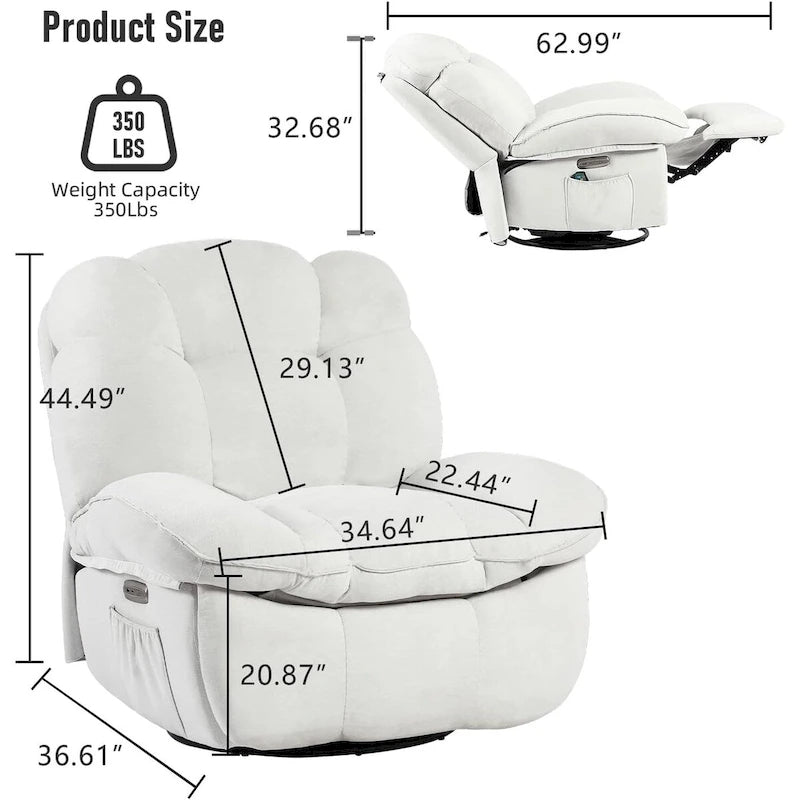 Fauteuil inclinable pivotant électrique XINMICS, fauteuil massant à bascule avec fonction chauffante, ports USB et USB-C et poche latérale