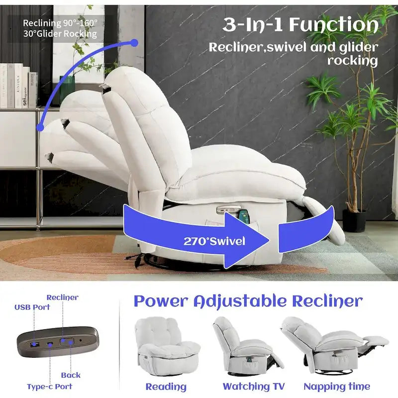 Fauteuil inclinable pivotant électrique XINMICS, fauteuil massant à bascule avec fonction chauffante, ports USB et USB-C et poche latérale