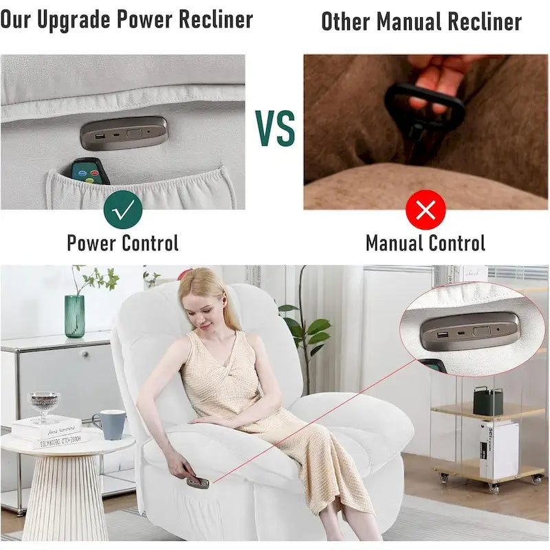 Fauteuil inclinable pivotant électrique XINMICS, fauteuil massant à bascule avec fonction chauffante, ports USB et USB-C et poche latérale