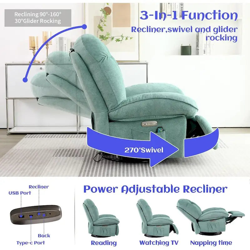 Fauteuil inclinable pivotant électrique XINMICS, fauteuil massant à bascule avec fonction chauffante, ports USB et USB-C et poche latérale