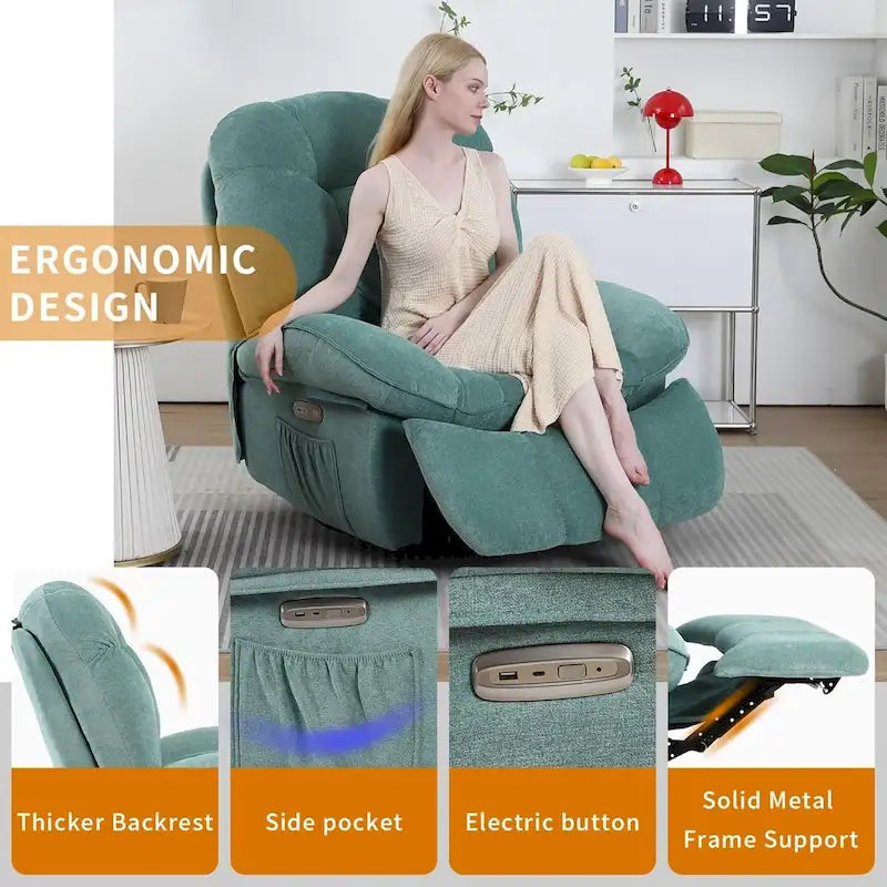 Fauteuil inclinable pivotant électrique XINMICS, fauteuil massant à bascule avec fonction chauffante, ports USB et USB-C et poche latérale
