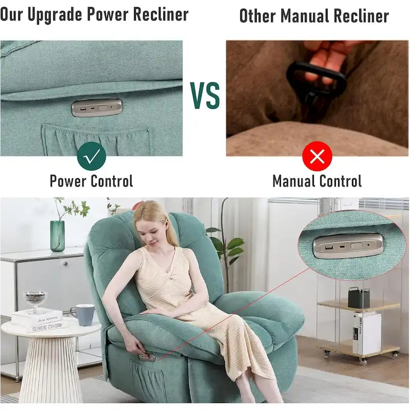 Fauteuil inclinable pivotant électrique XINMICS, fauteuil massant à bascule avec fonction chauffante, ports USB et USB-C et poche latérale
