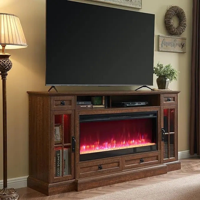 Meuble TV avec cheminée style ferme, centre multimédia, console