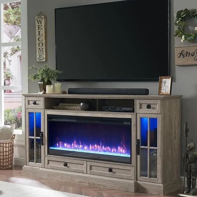 Meuble TV avec cheminée style ferme, centre multimédia, console