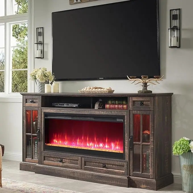 Meuble TV avec cheminée style ferme, centre multimédia, console