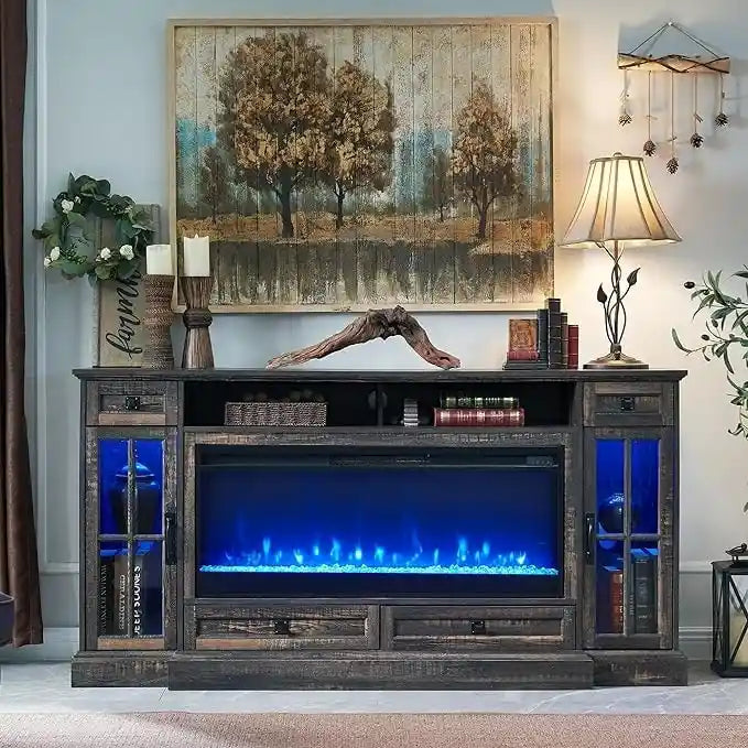 Meuble TV avec cheminée style ferme, centre multimédia, console