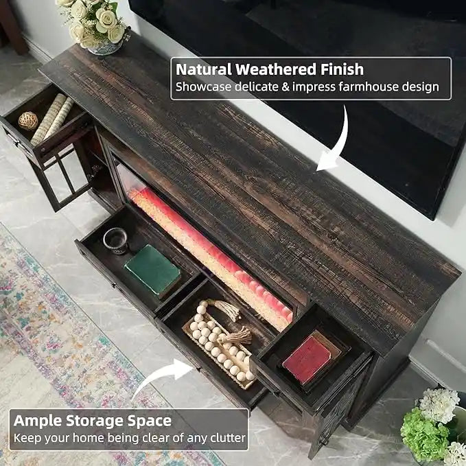 Meuble TV avec cheminée style ferme, centre multimédia, console