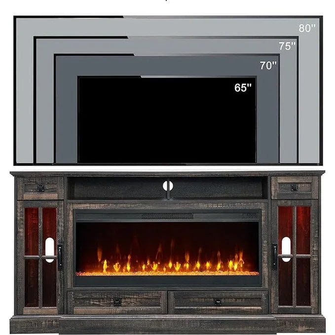 Meuble TV avec cheminée style ferme, centre multimédia, console