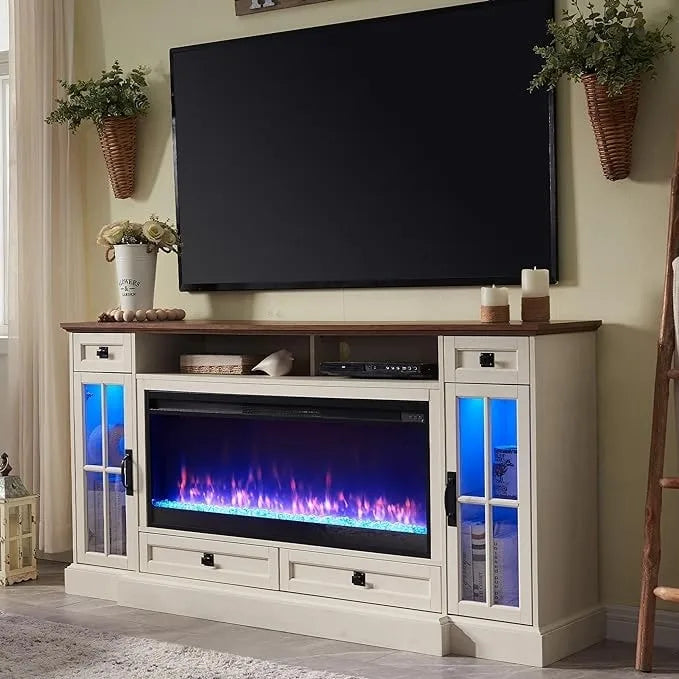 Meuble TV avec cheminée style ferme, centre multimédia, console