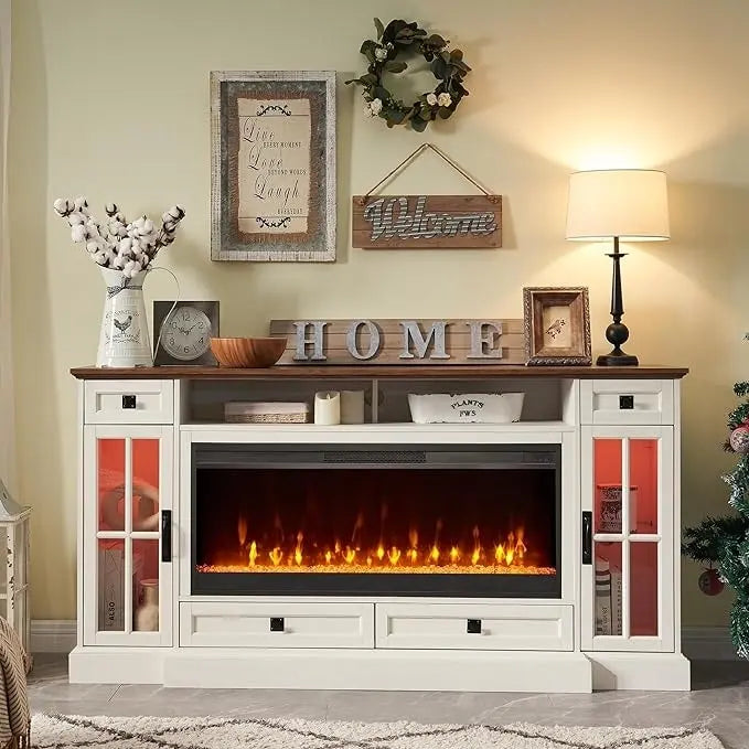 Meuble TV avec cheminée style ferme, centre multimédia, console