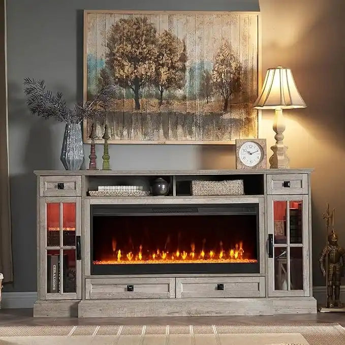 Meuble TV avec cheminée style ferme, centre multimédia, console