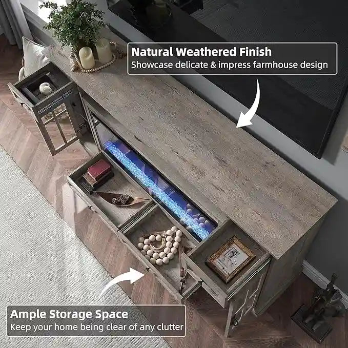 Meuble TV avec cheminée style ferme, centre multimédia, console