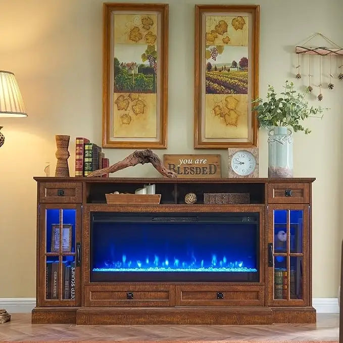 Meuble TV avec cheminée style ferme, centre multimédia, console