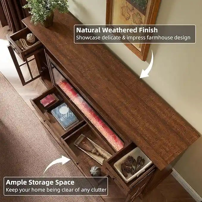 Meuble TV avec cheminée style ferme, centre multimédia, console