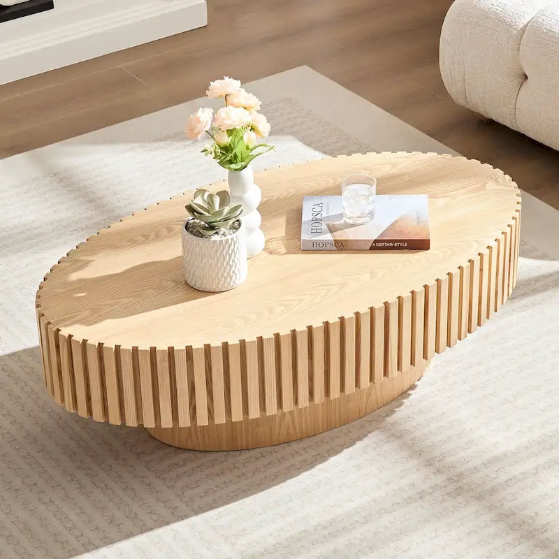 Table basse ovale contemporaine moderne en MDF naturel avec pied robuste, idéale pour le salon (non assemblée).