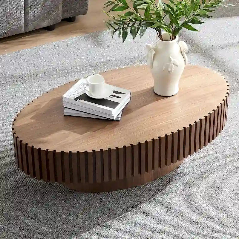 Table basse ovale contemporaine moderne en MDF naturel avec pied robuste, idéale pour le salon (non assemblée).