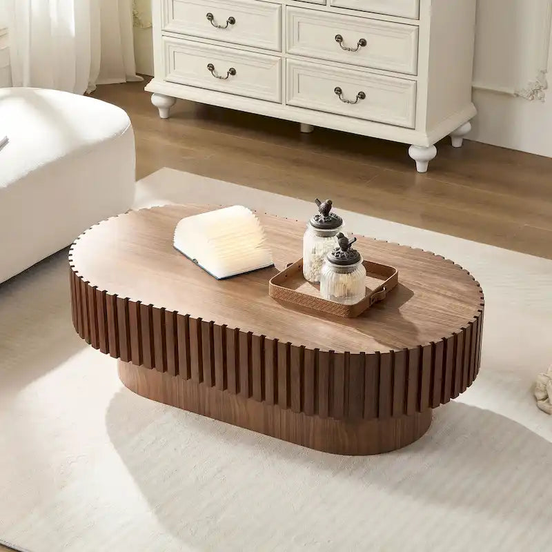 Table basse ovale contemporaine moderne en MDF naturel avec pied robuste, idéale pour le salon (non assemblée).