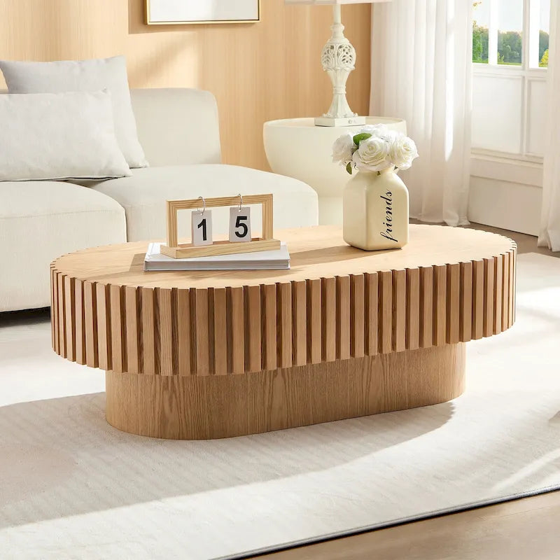Table basse ovale contemporaine moderne en MDF naturel avec pied robuste, idéale pour le salon (non assemblée).