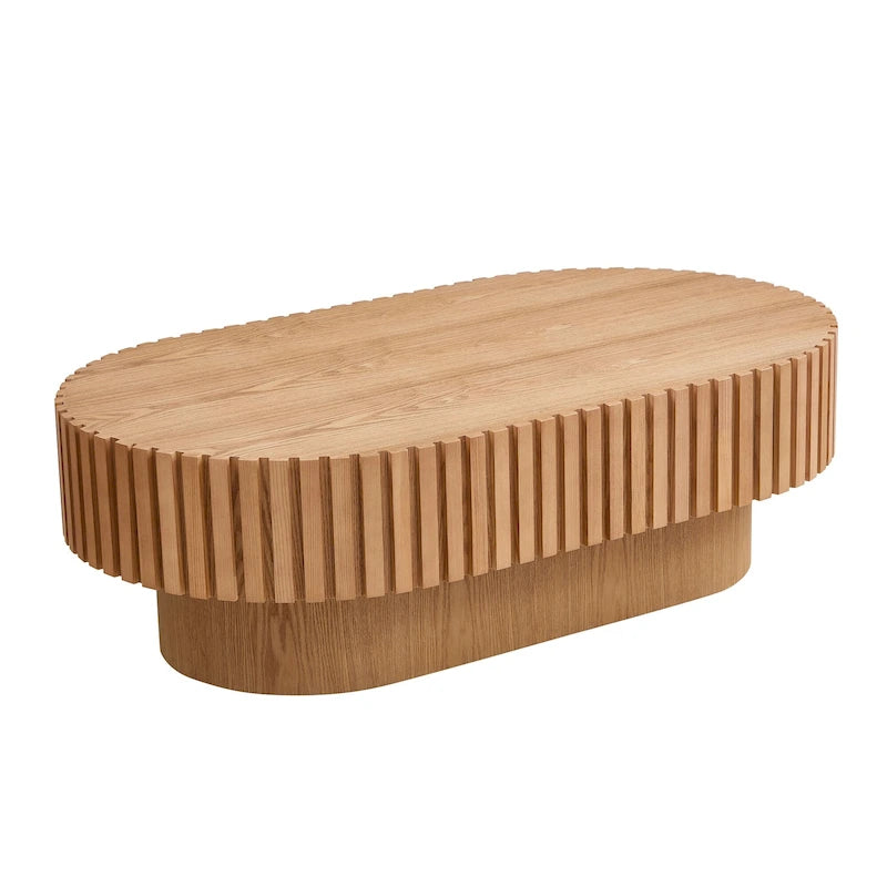 Table basse ovale contemporaine moderne en MDF naturel avec pied robuste, idéale pour le salon (non assemblée).