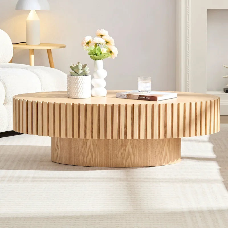 Table basse ovale contemporaine moderne en MDF naturel avec pied robuste, idéale pour le salon (non assemblée).