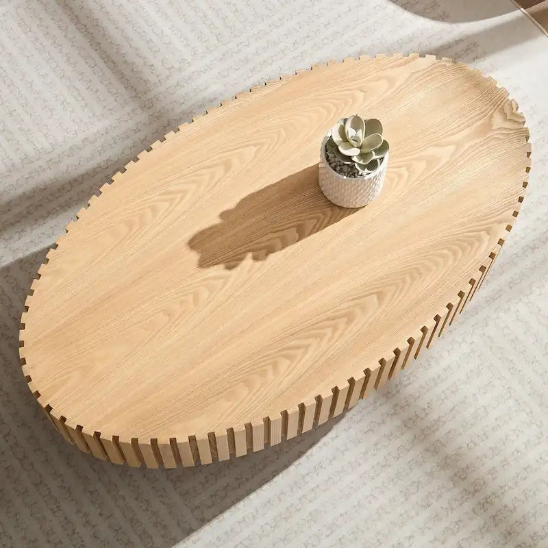 Table basse ovale contemporaine moderne en MDF naturel avec pied robuste, idéale pour le salon (non assemblée).