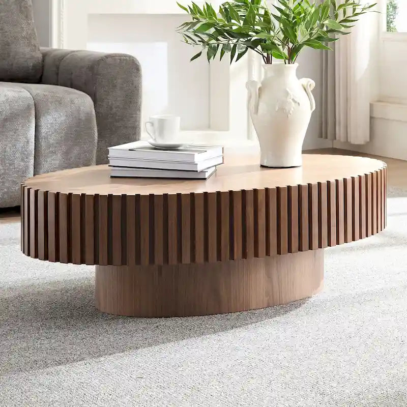 Table basse ovale contemporaine moderne en MDF naturel avec pied robuste, idéale pour le salon (non assemblée).