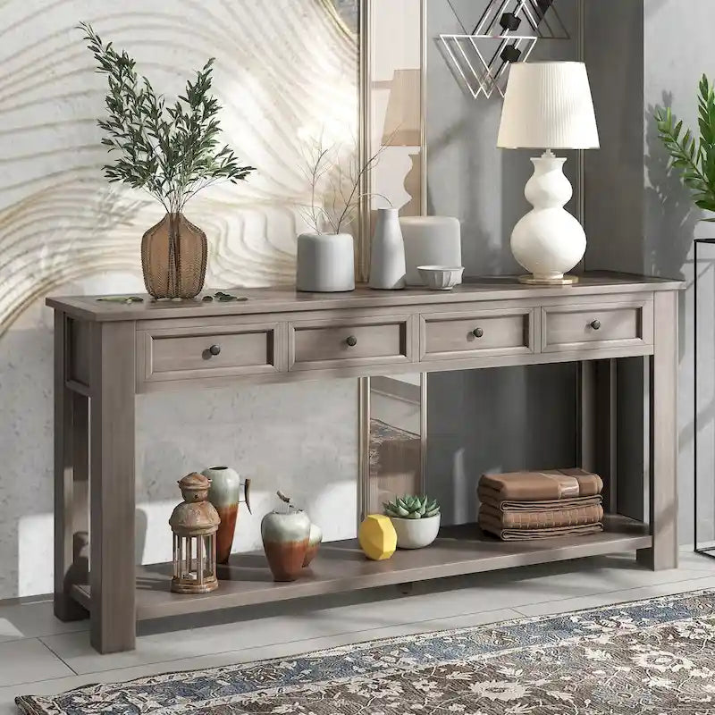 Console/table d'appoint avec tiroirs de rangement et étagère inférieure - 63 cm (L) x 14 cm (l) x 30 cm (H)
