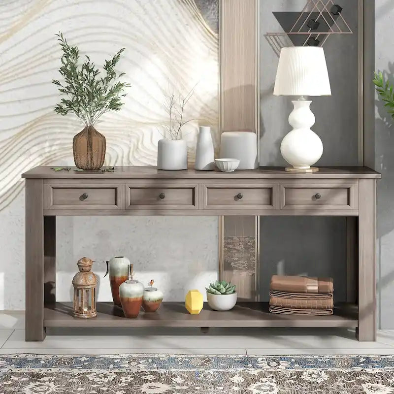 Console/table d'appoint avec tiroirs de rangement et étagère inférieure - 63 cm (L) x 14 cm (l) x 30 cm (H)