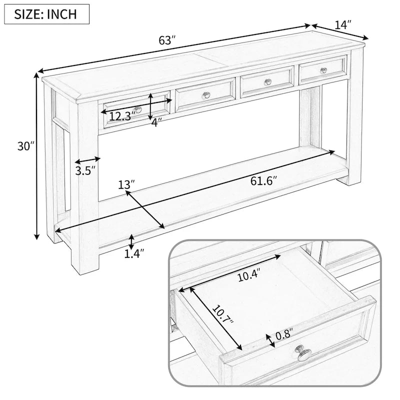 Console/table d'appoint avec tiroirs de rangement et étagère inférieure - 63 cm (L) x 14 cm (l) x 30 cm (H)