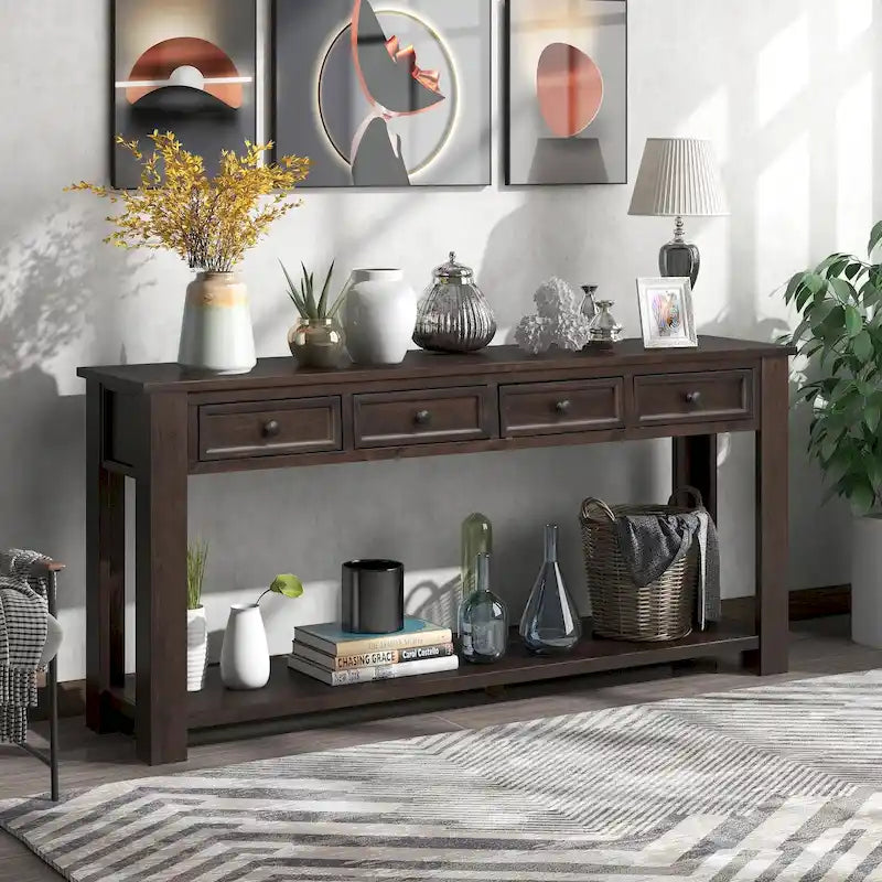 Console/table d'appoint avec tiroirs de rangement et étagère inférieure - 63 cm (L) x 14 cm (l) x 30 cm (H)