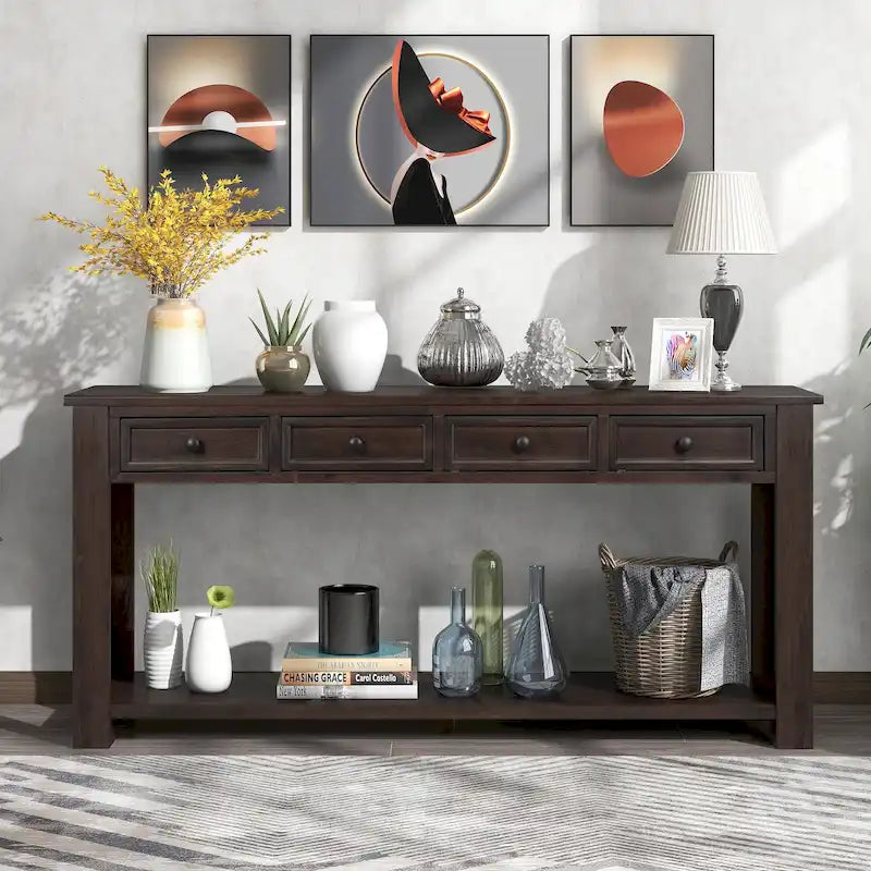 Console/table d'appoint avec tiroirs de rangement et étagère inférieure - 63 cm (L) x 14 cm (l) x 30 cm (H)
