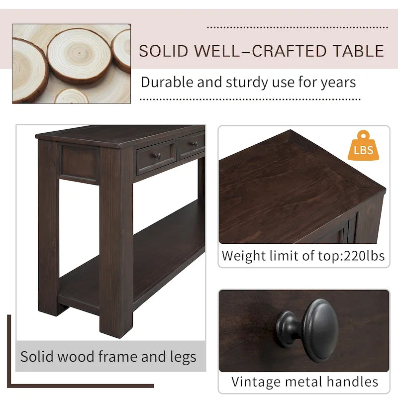 Console/table d'appoint avec tiroirs de rangement et étagère inférieure - 63 cm (L) x 14 cm (l) x 30 cm (H)