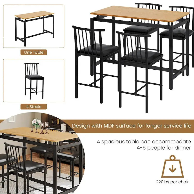 Ensemble de salle à manger 5 pièces, table de bar, tabourets en PU avec dossier