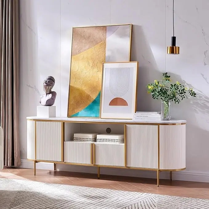 Meuble TV moderne et luxueux, centre de divertissement, avec plateau en imitation marbre