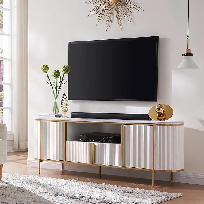 Meuble TV moderne et luxueux, centre de divertissement, avec plateau en imitation marbre