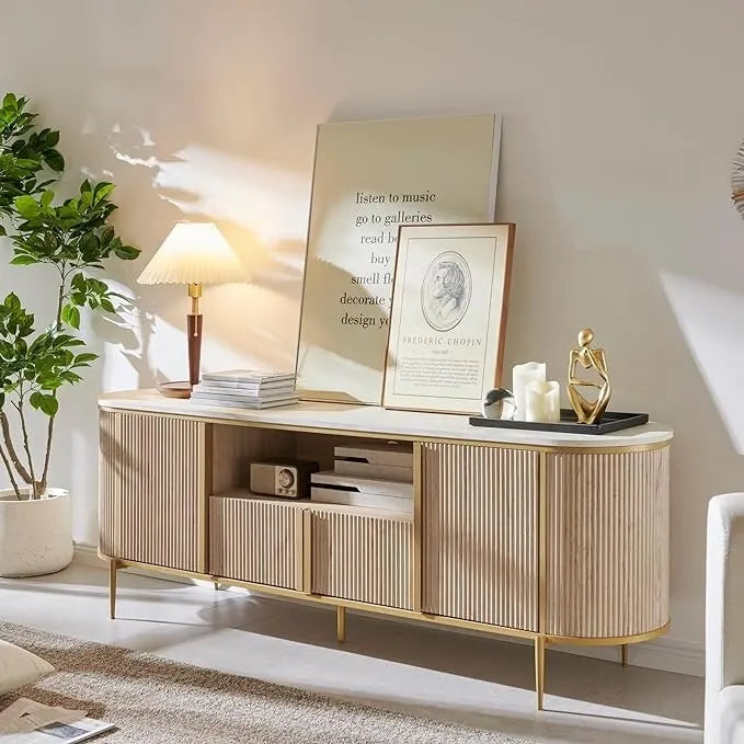Meuble TV moderne et luxueux, centre de divertissement, avec plateau en imitation marbre
