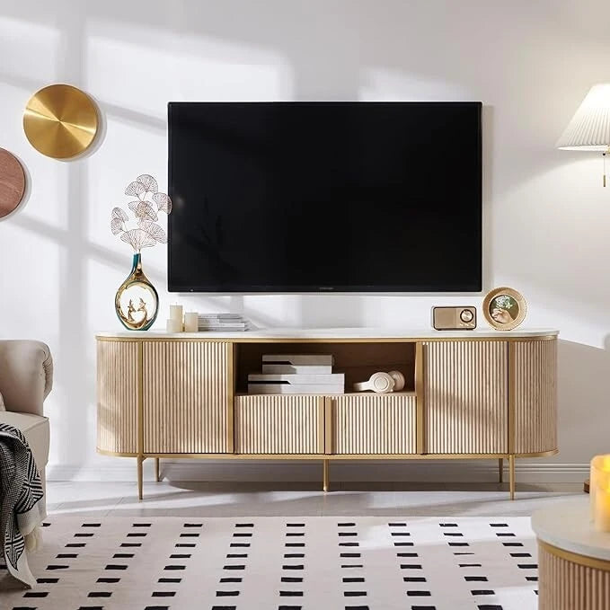 Meuble TV moderne et luxueux, centre de divertissement, avec plateau en imitation marbre