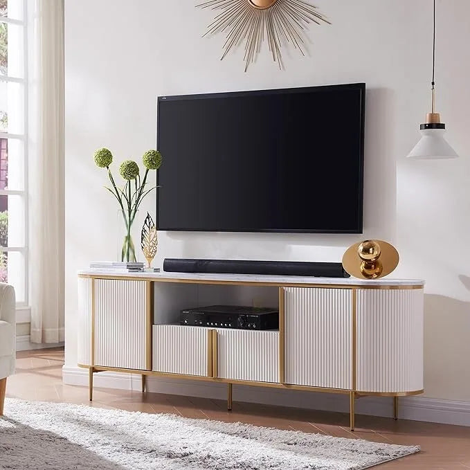 Meuble TV moderne et luxueux, centre de divertissement, avec plateau en imitation marbre