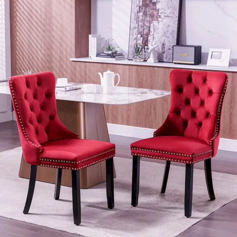 Ensemble de 2 chaises de salle à manger rembourrées en velours avec garniture cloutée et pieds en bois