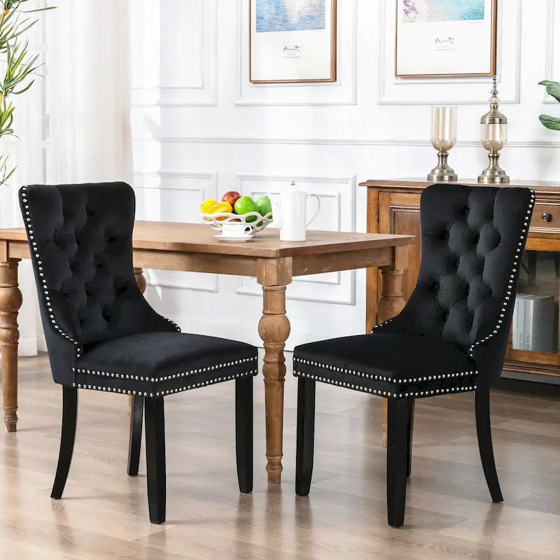 Ensemble de 2 chaises de salle à manger rembourrées en velours avec garniture cloutée et pieds en bois