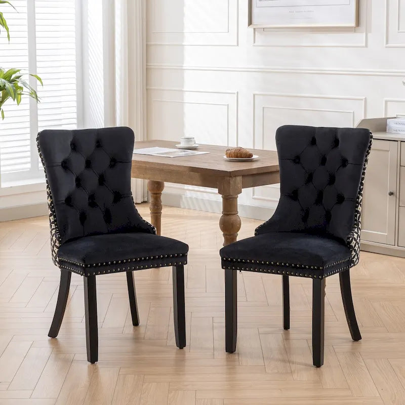 Ensemble de 2 chaises de salle à manger rembourrées en velours avec garniture cloutée et pieds en bois
